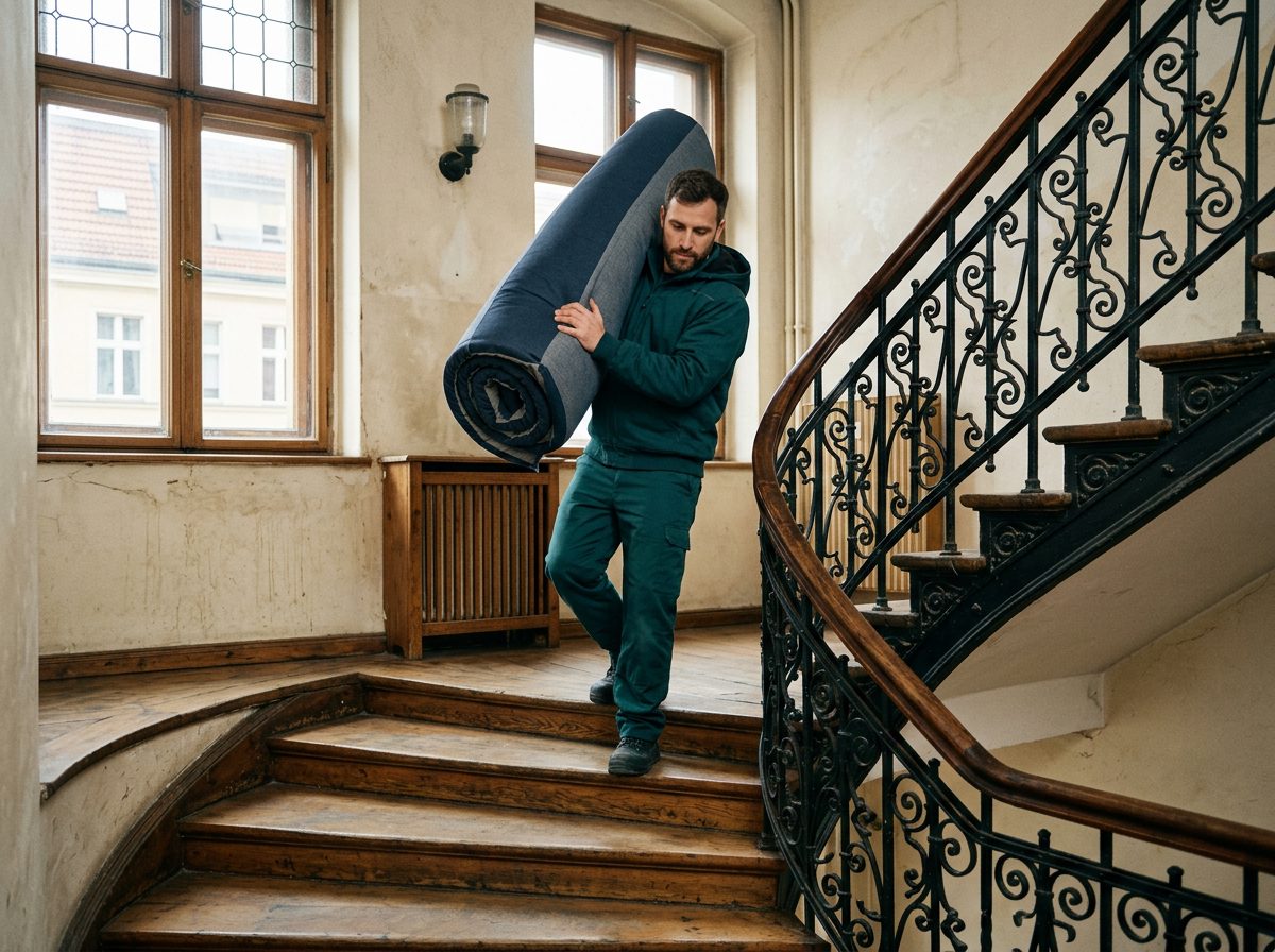 Helfer trägt eine Matratze das Treppenhaus eines Berliner Altbaus ohne Aufzug hinunter