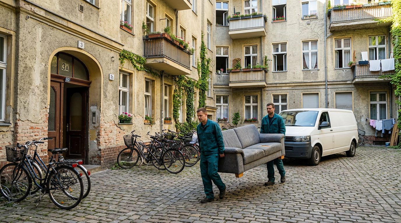 Zwei Helfer tragen ein altes Sofa aus einem Berliner Altbau-Hinterhof zum Transporter